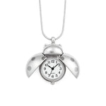A handcrafted, high quality, durable silver-tone Ladybug Clock Necklace featuring a working clock encased in a chunky yet sleek pendant that opens and closes. Tarnish-free, waterproof, unisex, and versatile—wear it two ways for statement layering or functional fashion. Affordable aesthetic jewelry essential.