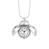 A handcrafted, high quality, durable silver-tone Ladybug Clock Necklace featuring a working clock encased in a chunky yet sleek pendant that opens and closes. Tarnish-free, waterproof, unisex, and versatile—wear it two ways for statement layering or functional fashion. Affordable aesthetic jewelry essential.