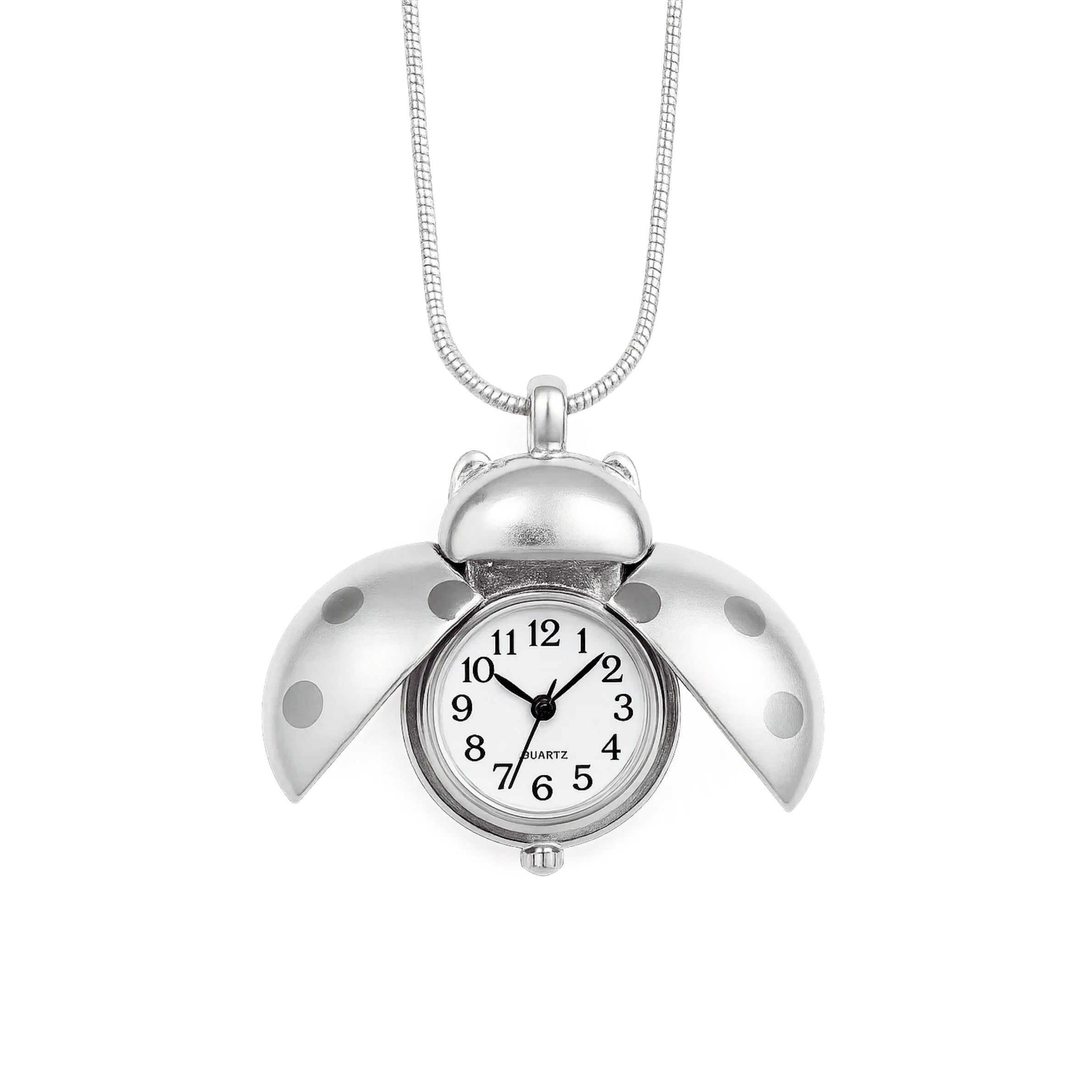 A handcrafted, high quality, durable silver-tone Ladybug Clock Necklace featuring a working clock encased in a chunky yet sleek pendant that opens and closes. Tarnish-free, waterproof, unisex, and versatile—wear it two ways for statement layering or functional fashion. Affordable aesthetic jewelry essential.