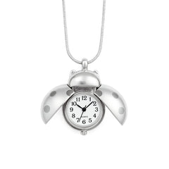 A handcrafted, high quality, durable silver-tone Ladybug Clock Necklace featuring a working clock encased in a chunky yet sleek pendant that opens and closes. Tarnish-free, waterproof, unisex, and versatile—wear it two ways for statement layering or functional fashion. Affordable aesthetic jewelry essential.