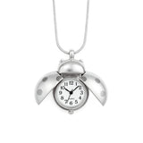 A handcrafted, high quality, durable silver-tone Ladybug Clock Necklace featuring a working clock encased in a chunky yet sleek pendant that opens and closes. Tarnish-free, waterproof, unisex, and versatile—wear it two ways for statement layering or functional fashion. Affordable aesthetic jewelry essential.